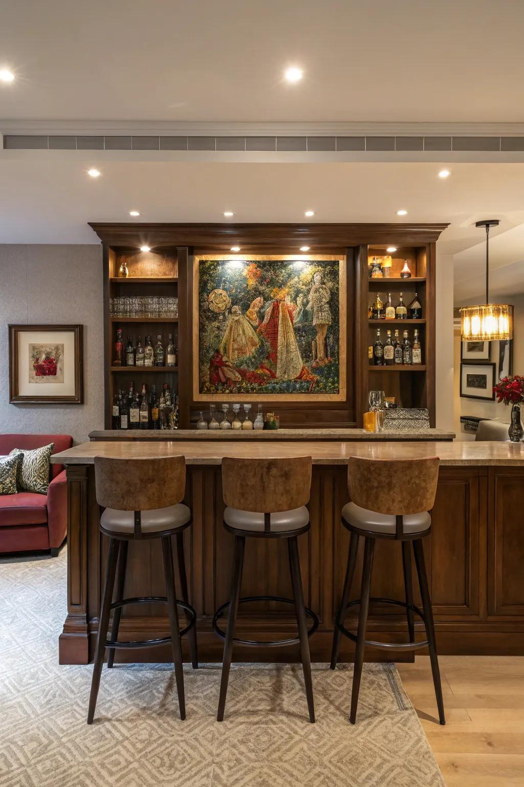 Artwork brings focus and character to your home bar.