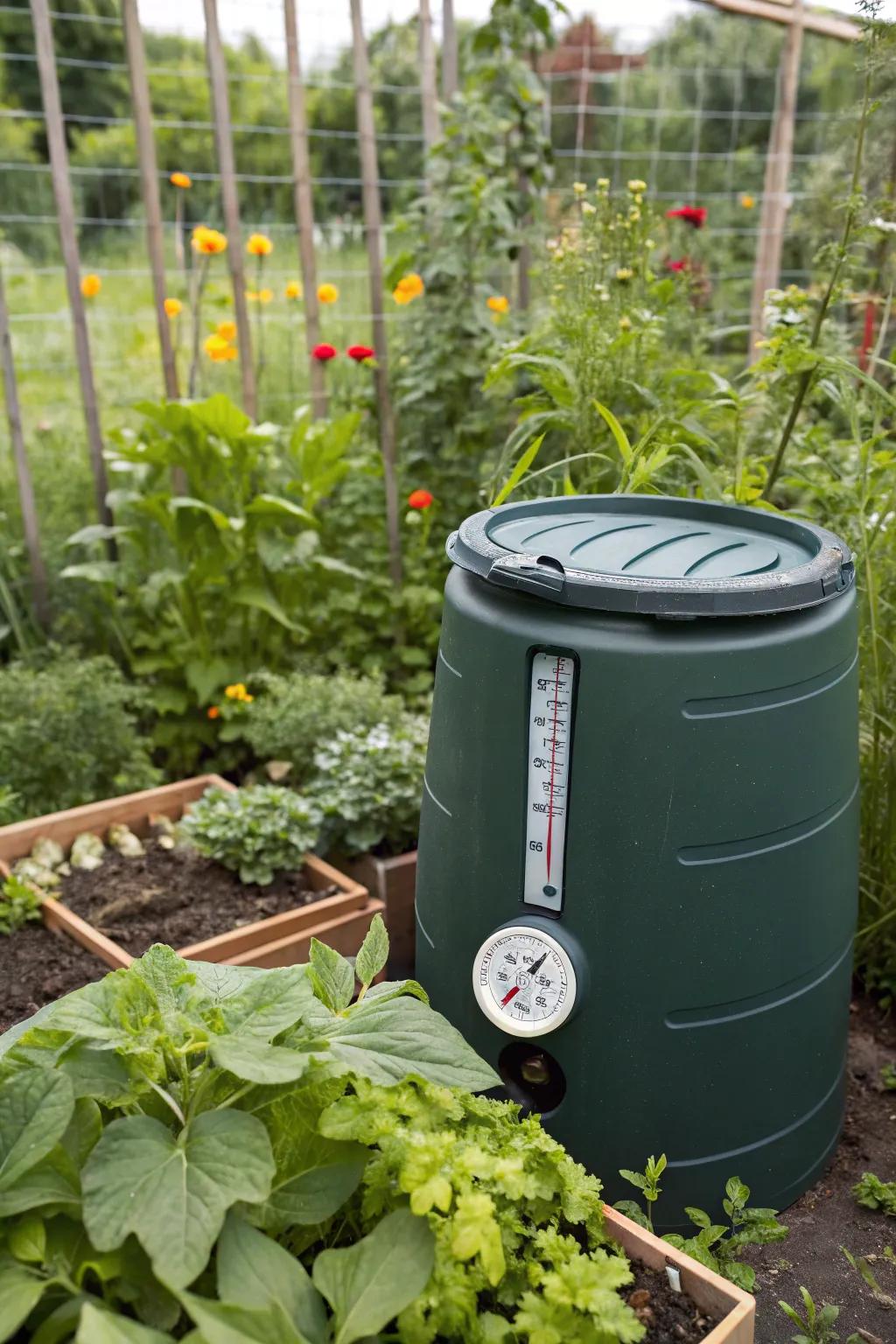 Insights into the composting process are provided via a compost bin fitted with a thermometer.