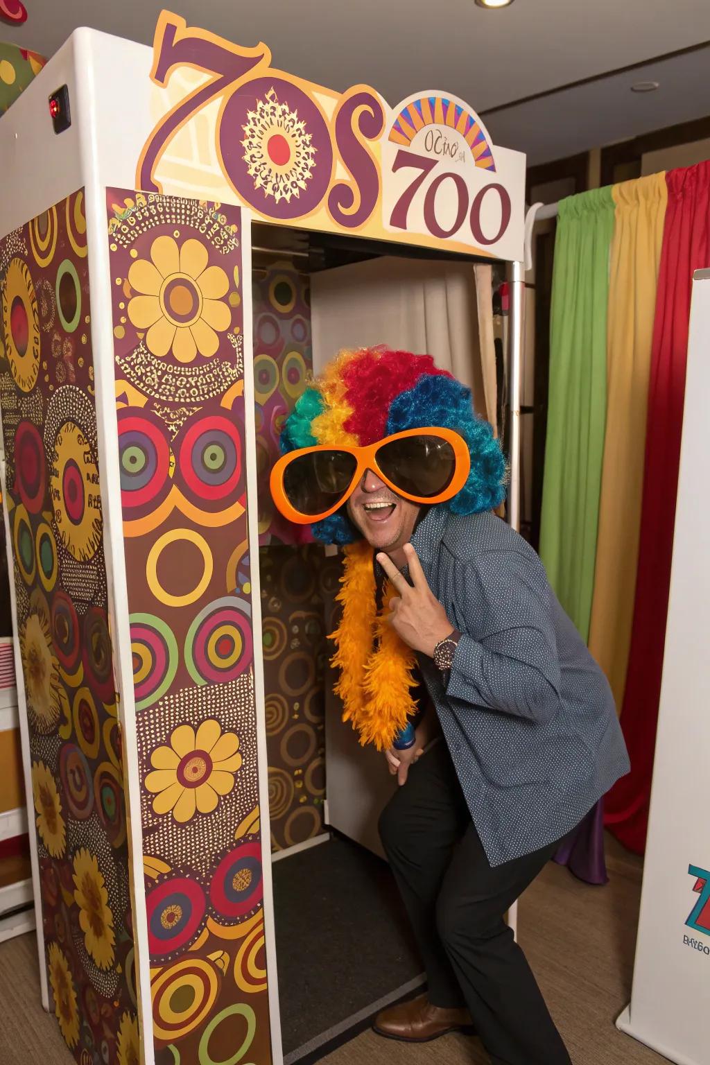A fun 70s snapshot station setup featuring playful props.