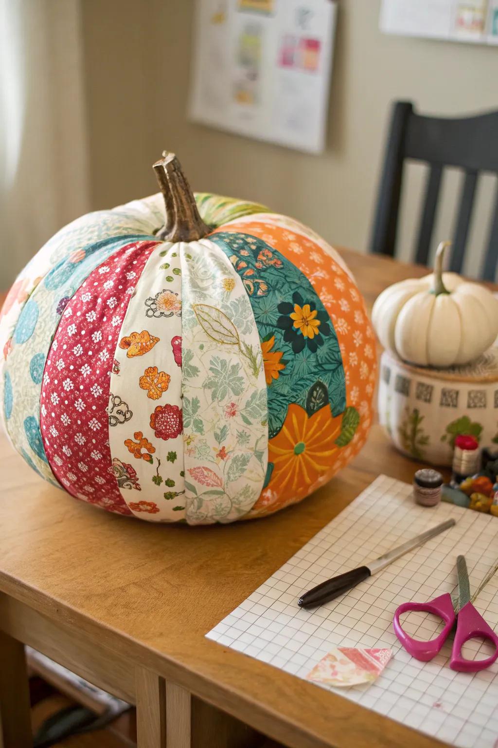A fabric adhered pumpkin that introduces surface interest and hue into play.