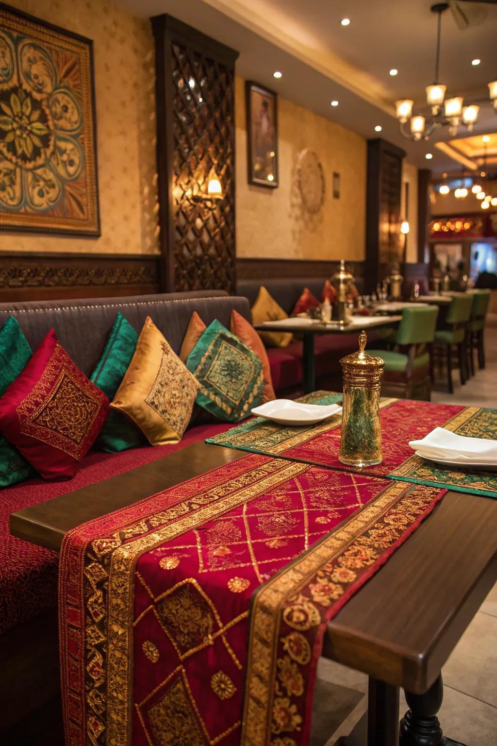 Rich textiles like silk cushions and table runners in an Indian restaurant.