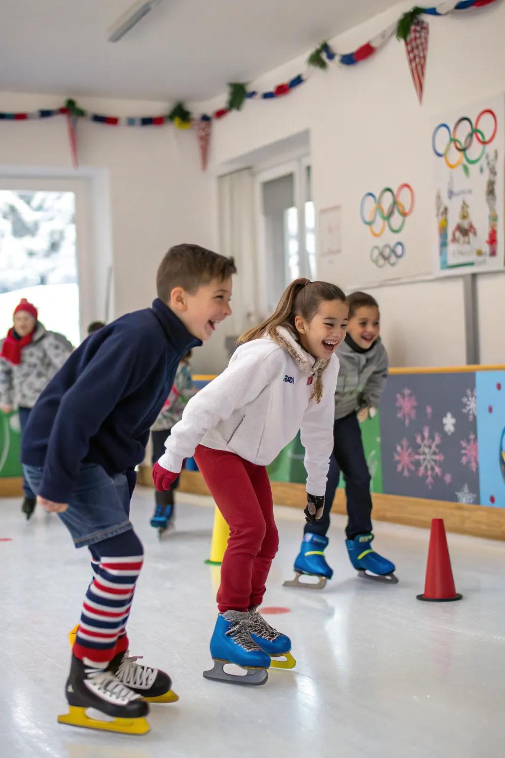 Children competing in playful indoor Winter Games.