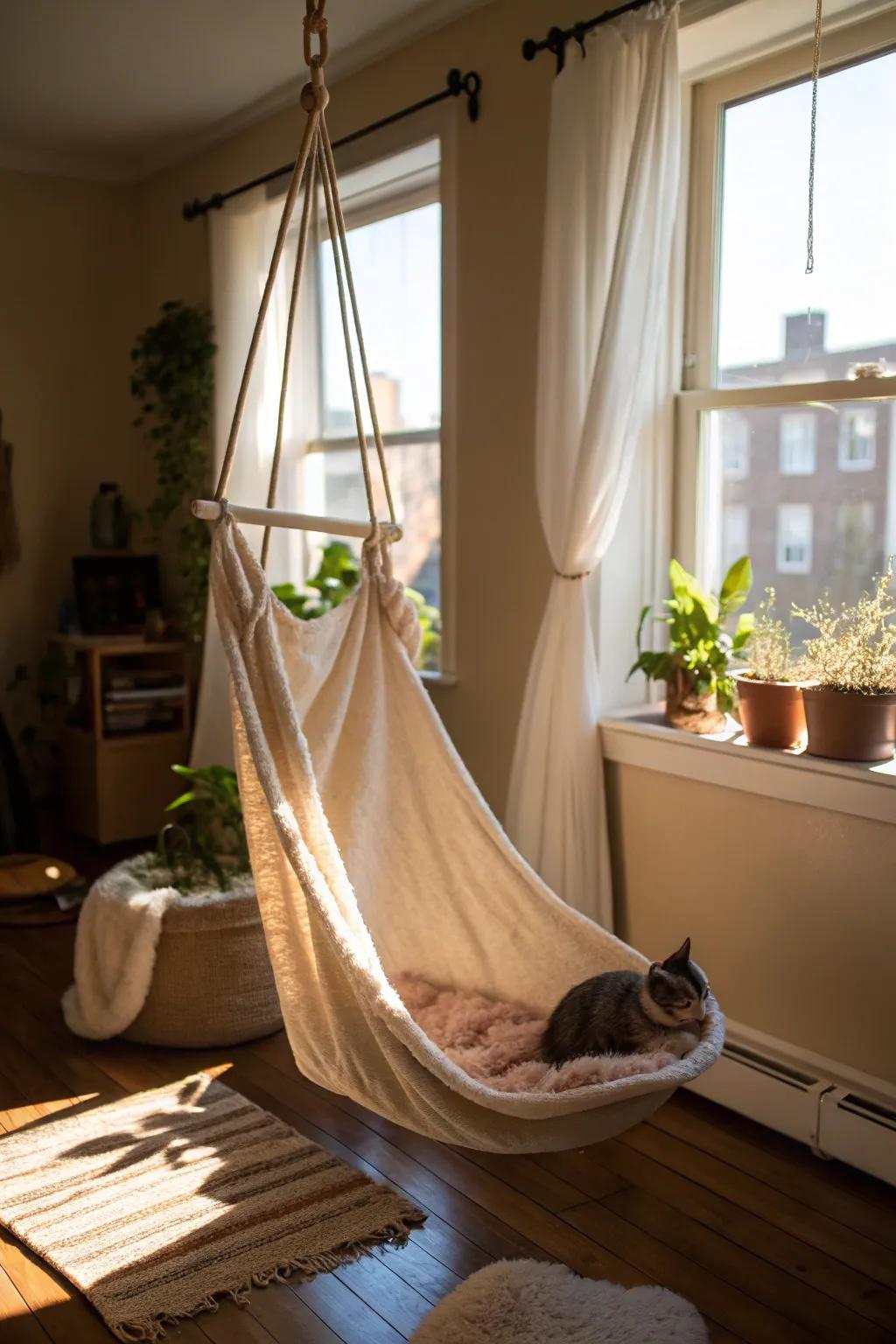 A suspended sling extends a serene locale for cats to de-stress.