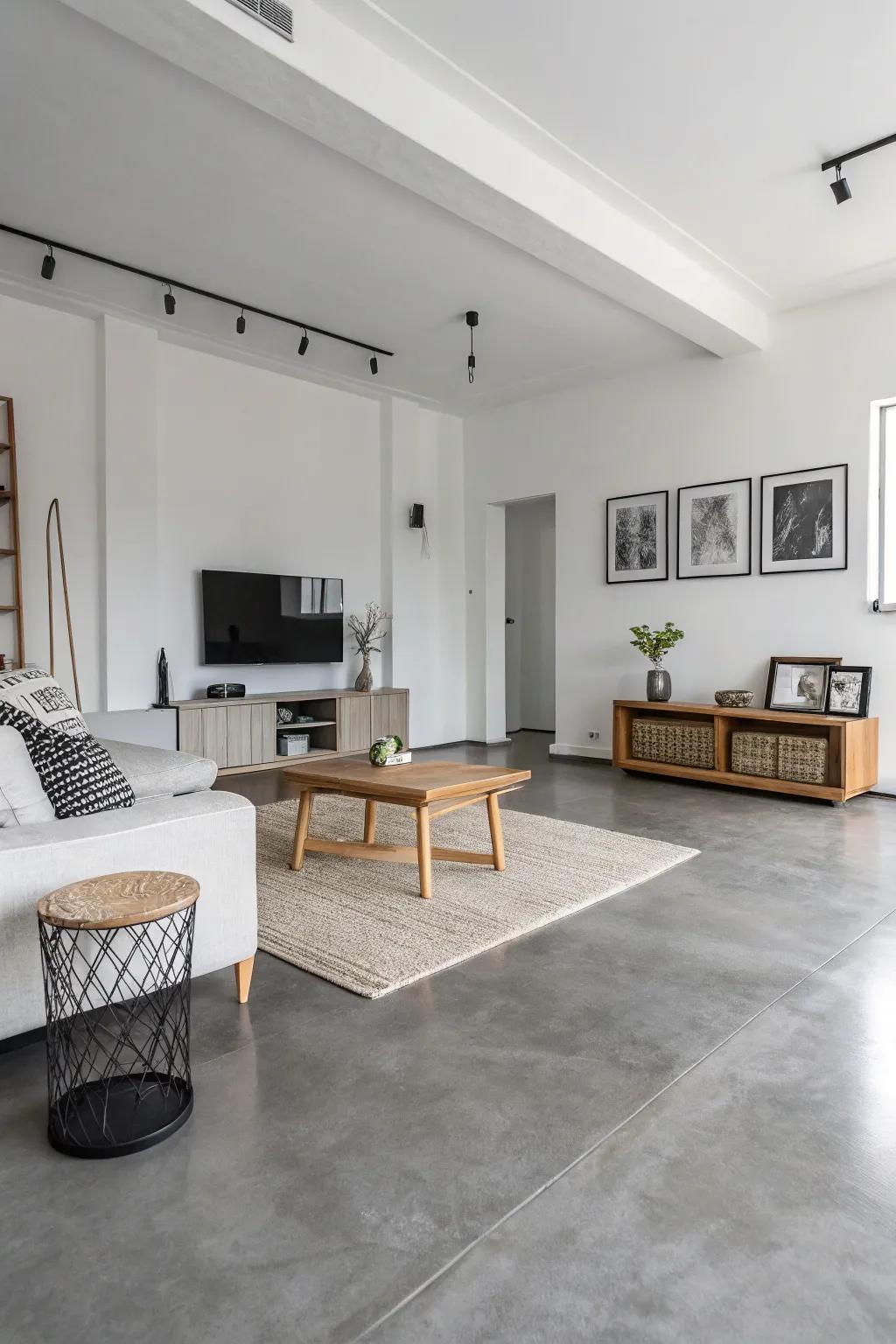 A monochrome palette gracing a resin floor infuses sophistication into this minimalist parlor.