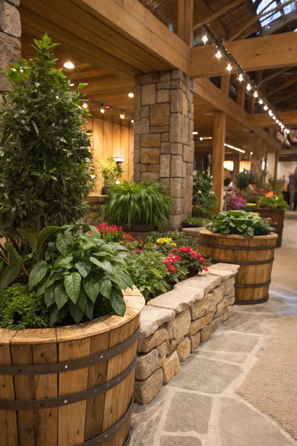 The organic feel of an indoor garden is enhanced by natural materials.