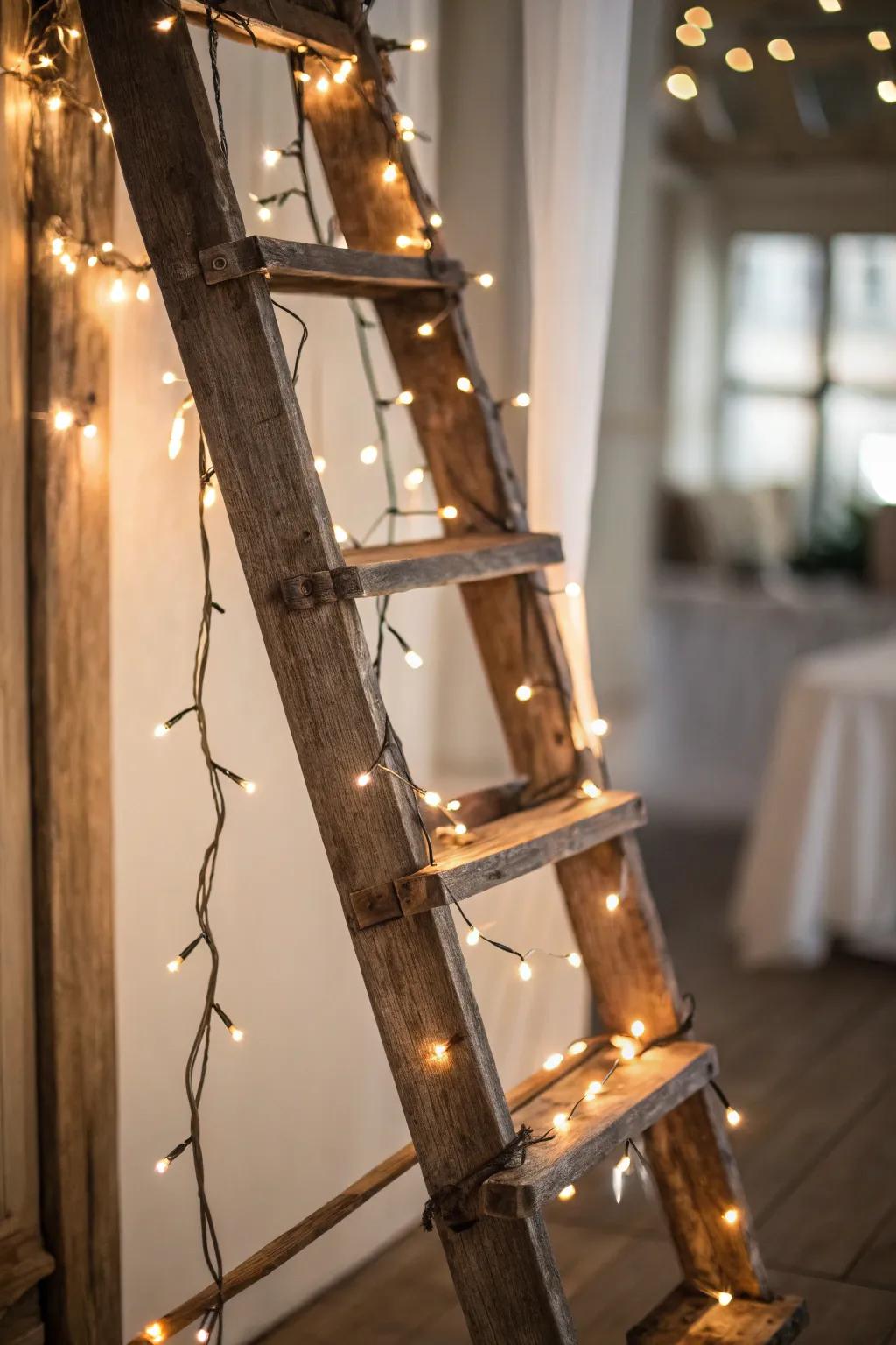Add charm to any space using a rustic ladder adorned with fairy lights.