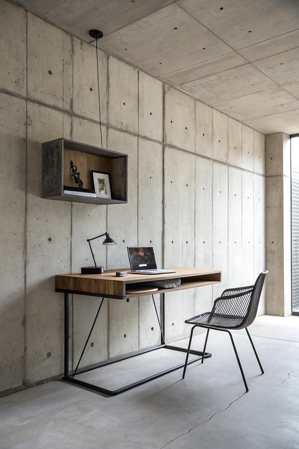 A floating desk achieves a sleek and modern industrial look.