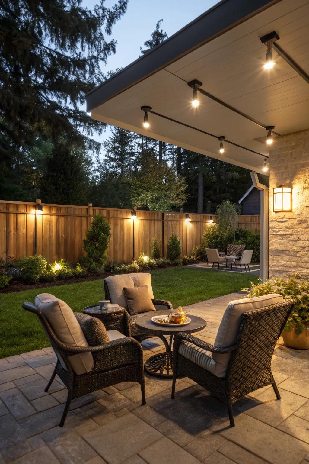 Outdoor retreat featuring industrial LED wall pack lighting
