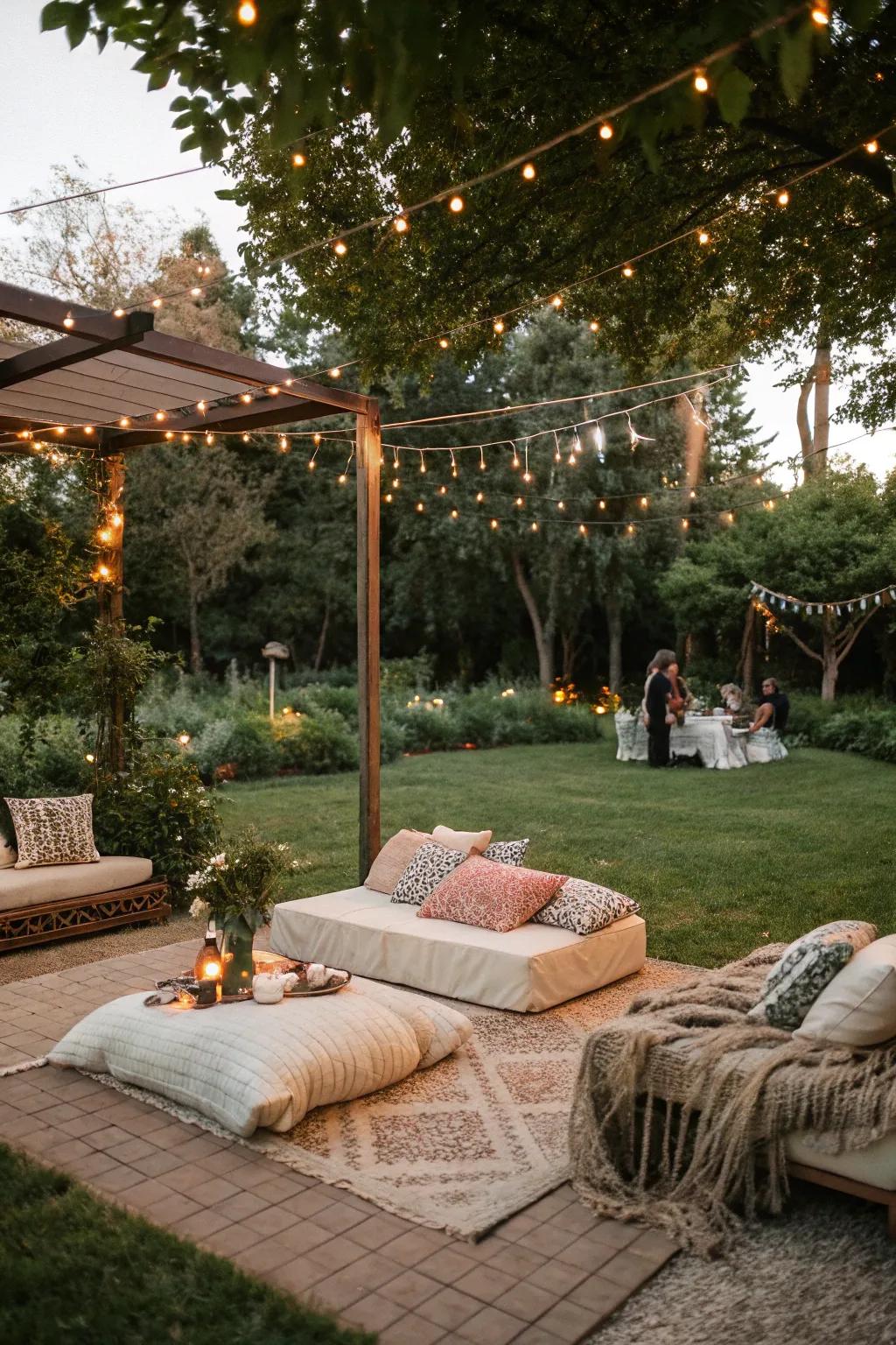 A cozy relaxing space invites guests to relax and enjoy the evening.