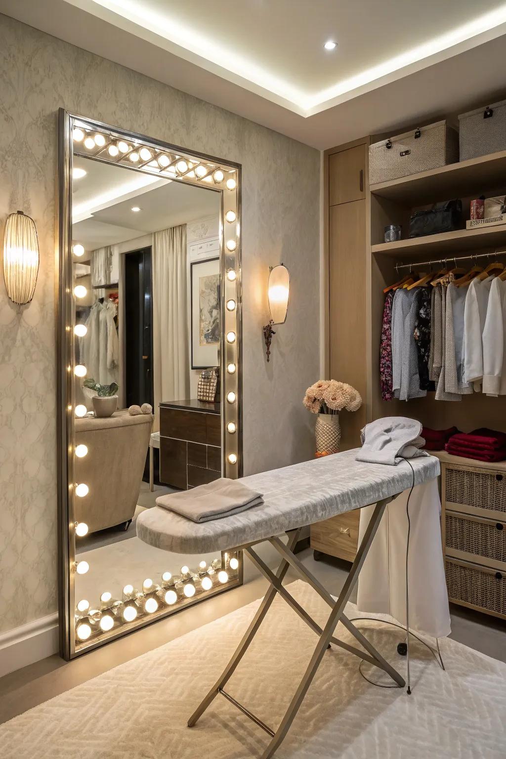 A mirror ingeniously transforms into an ironing surface.
