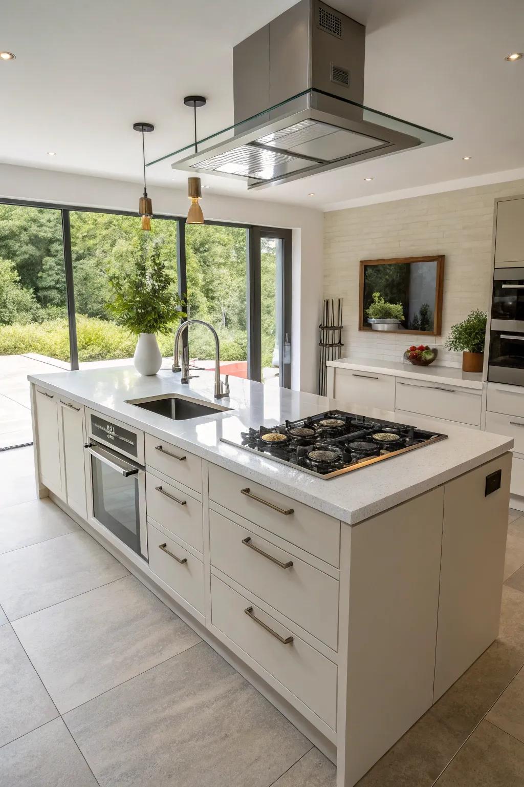 Integrated appliances ensuring a highly functional and efficient kitchen island.
