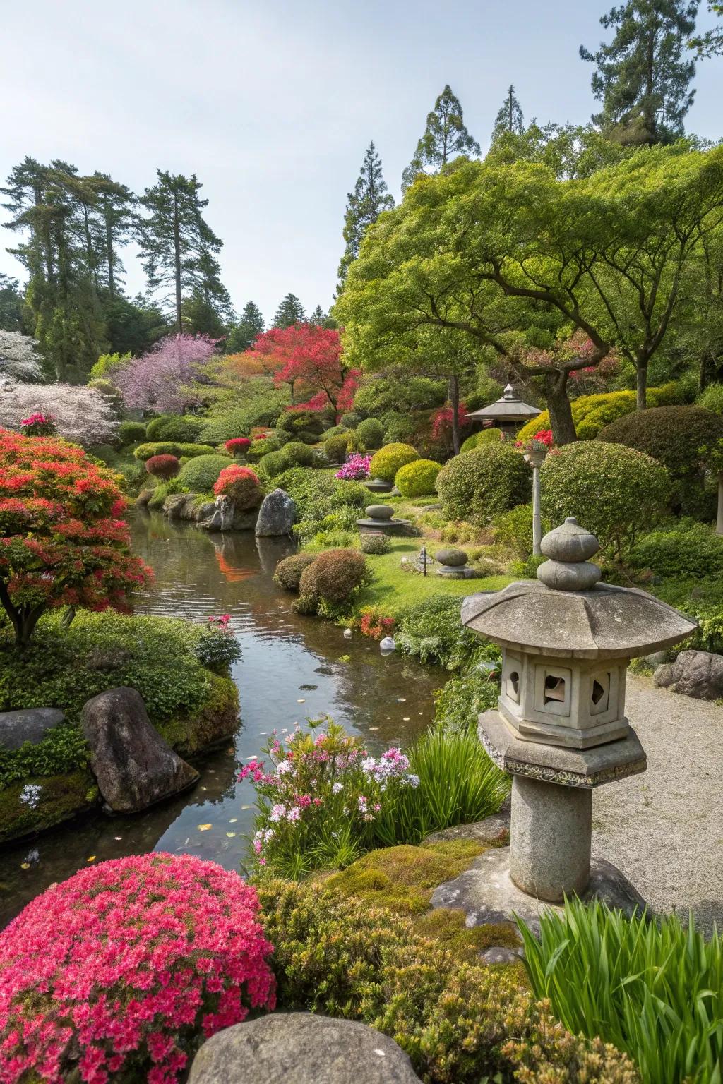 Dynamic seasonal foliage and flowers within a Japanese garden.