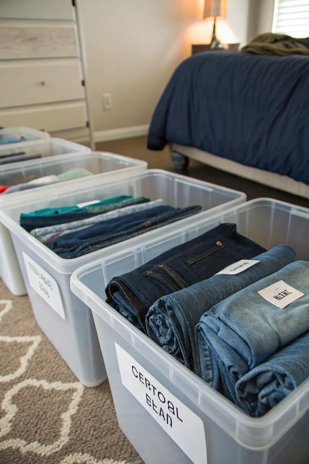 Repurpose receptacles for a useful and concealed jeans storage approach.