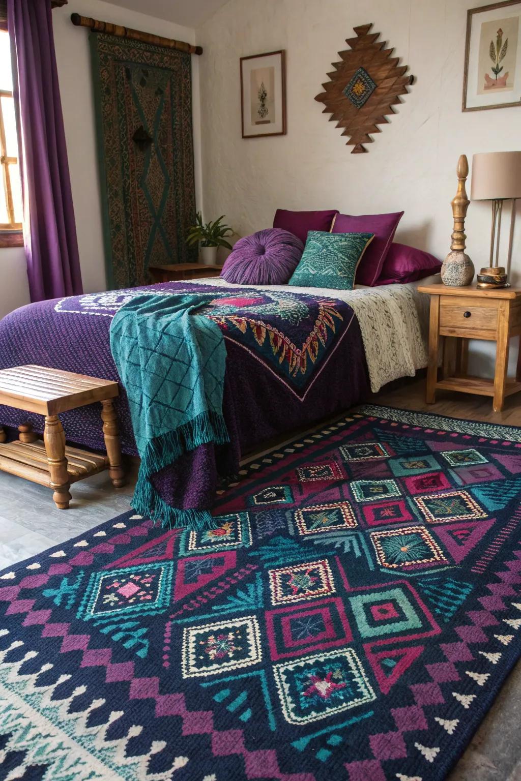 A patterned rug integrates jewel tones and imparts visual interest.