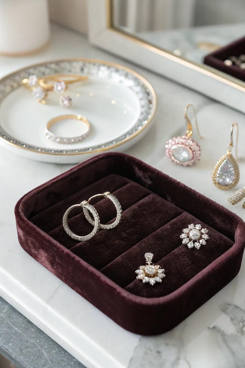 A velvet-lined stand for a sumptuous jewelry display