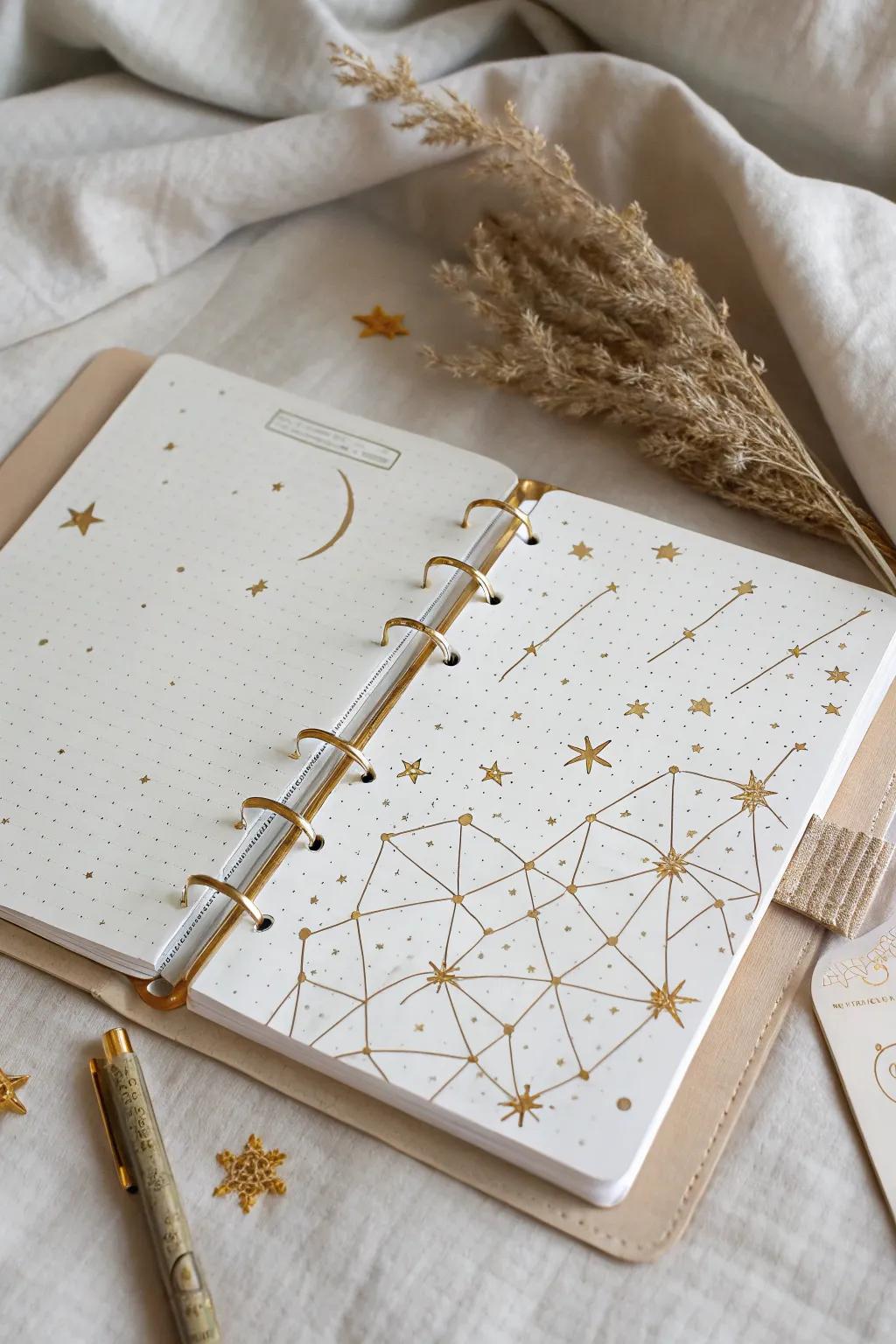Capture the enchantment of the nighttime realm with a cosmic journal cover. Perfect for infusing an element of wonder into your monthly layout.