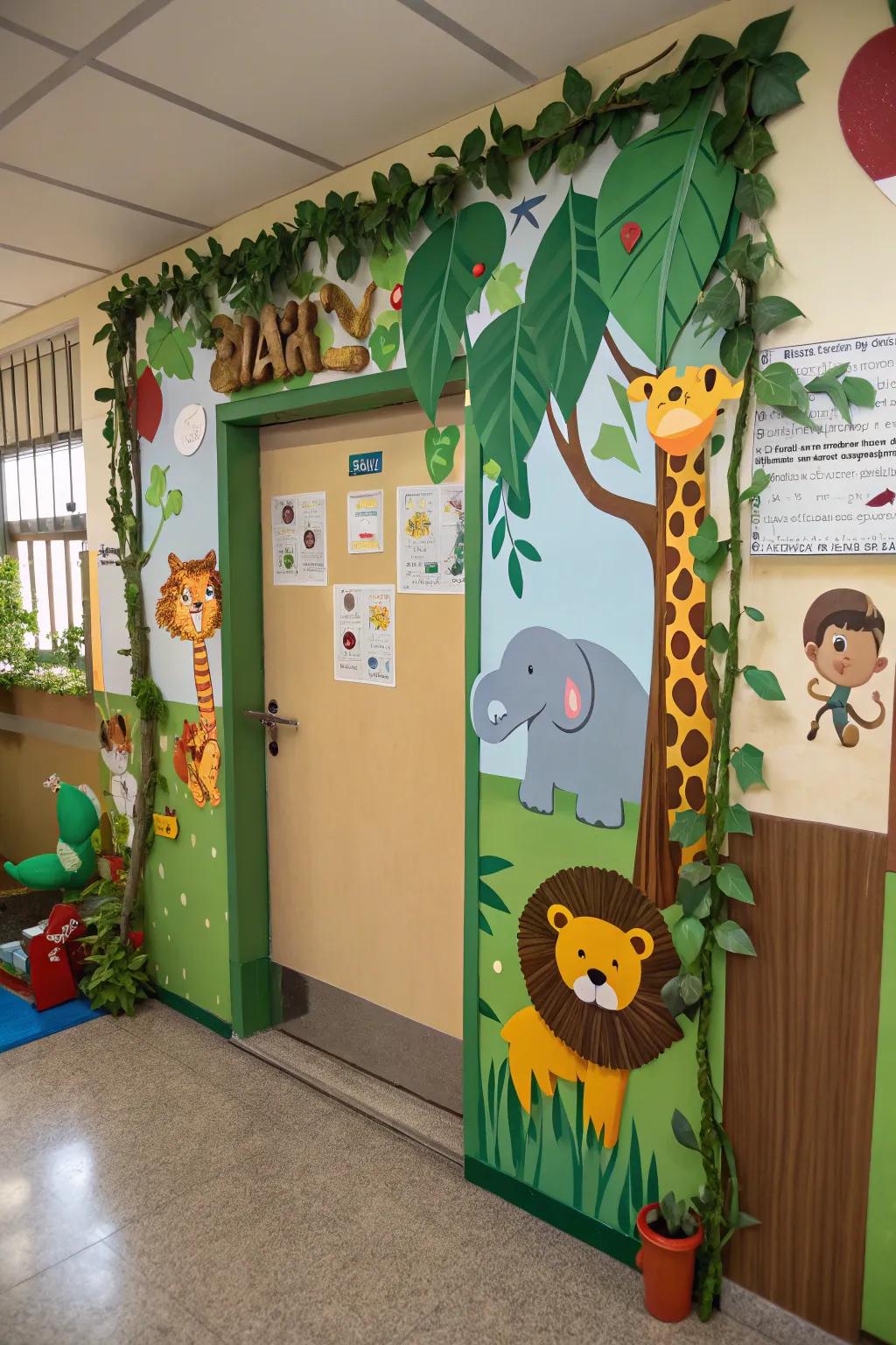 A kindergarten portal featuring a jungle expedition theme, encompassing fauna and verdure.