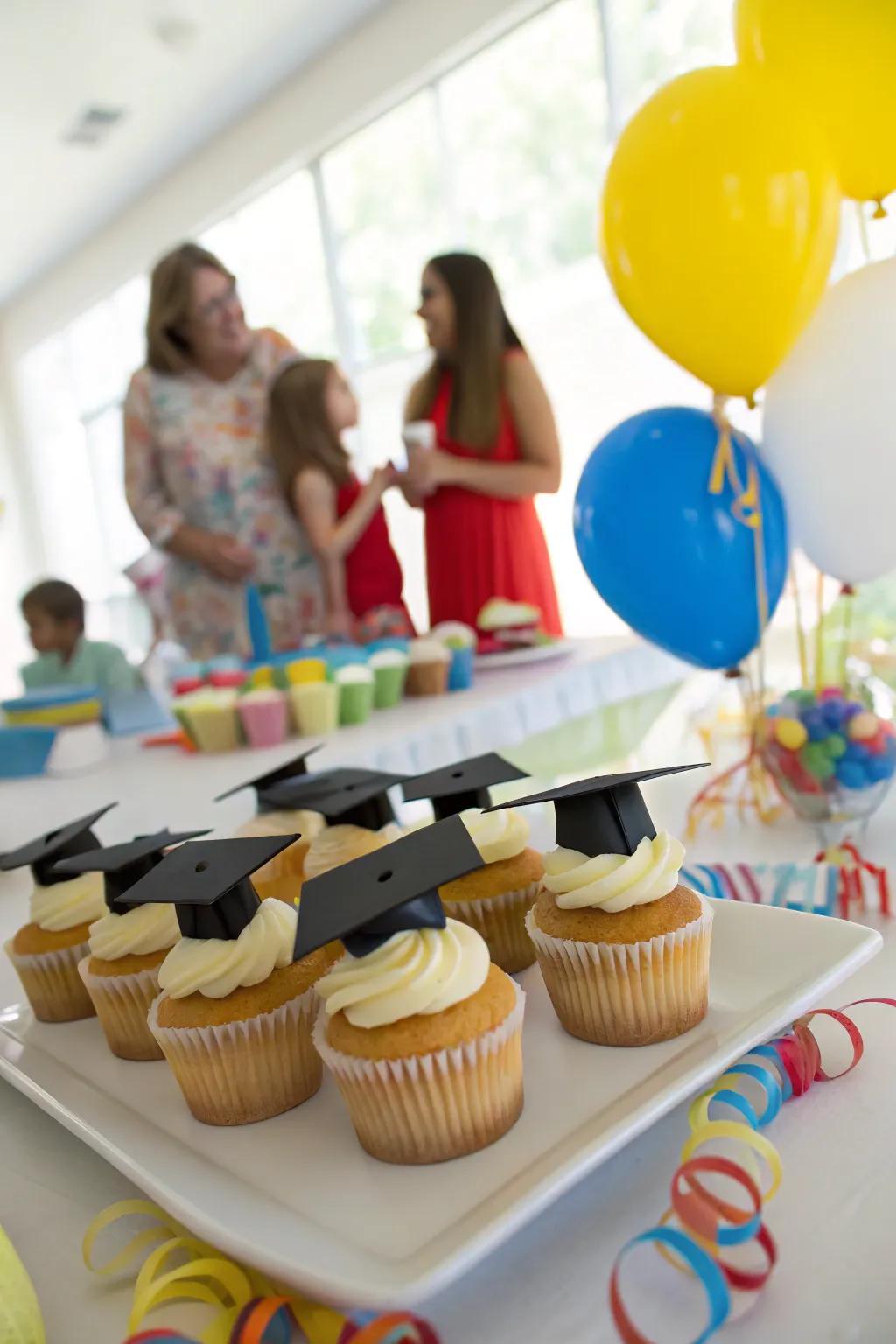 Charming graduation cap cupcake toppers adding a joyful touch to the snacks.