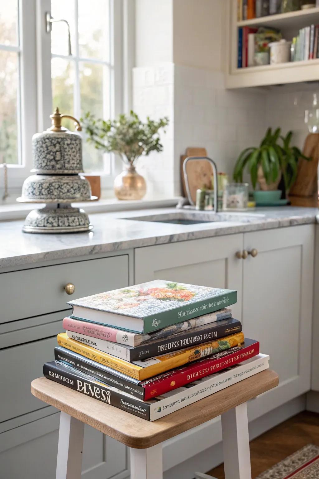 Cookbooks featuring elegant covers can enhance your kitchen's decorative appeal.
