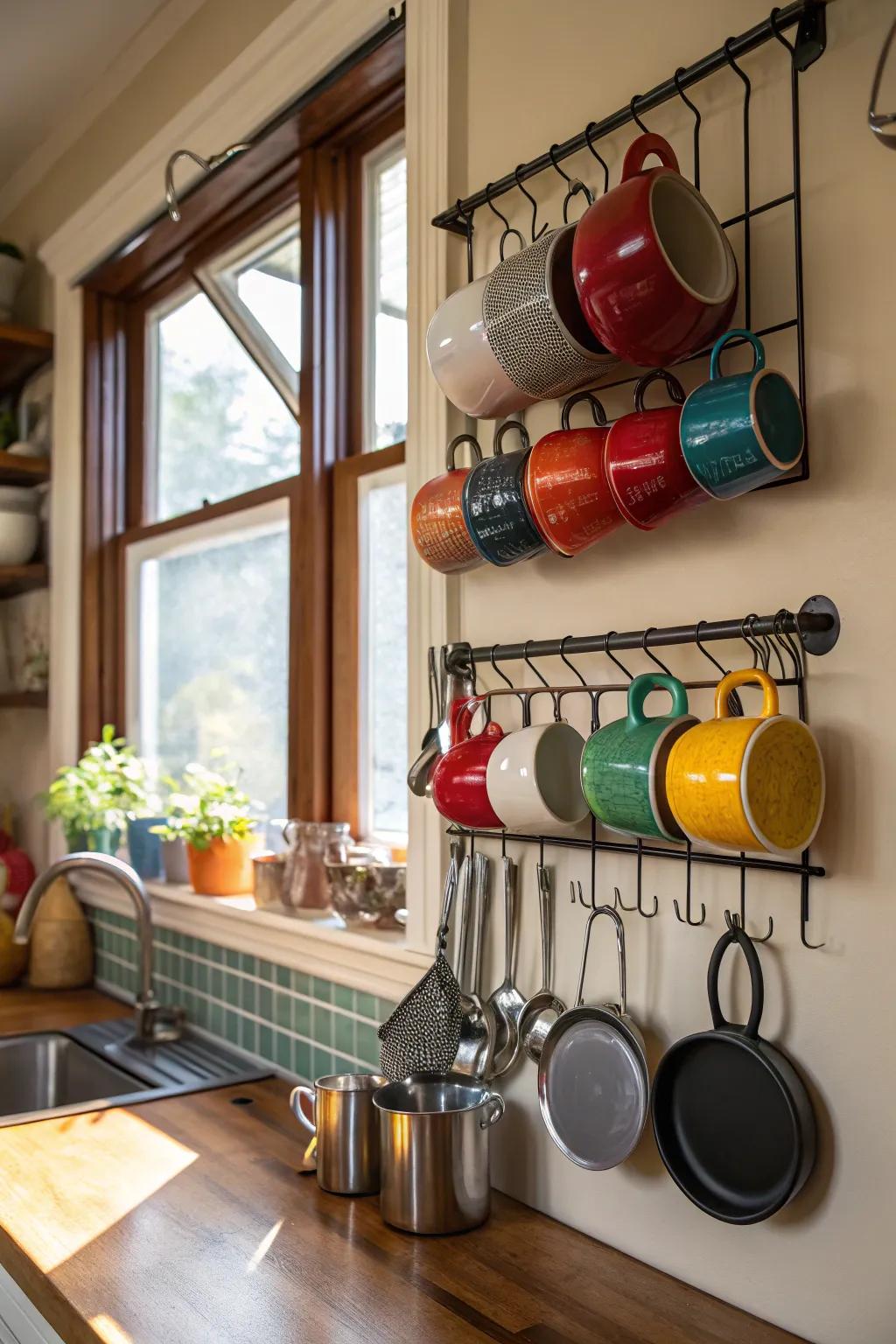 Suspended racks make practical use of vertical corner space.