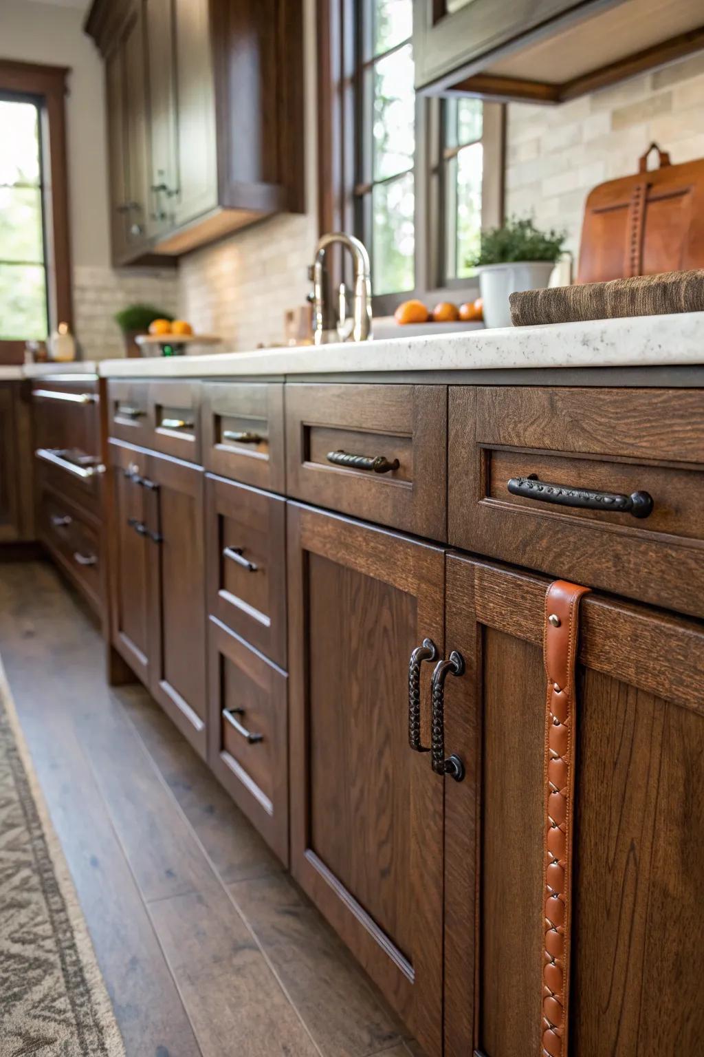 Refined hide-enclosed handles that impart a tactile attribute.