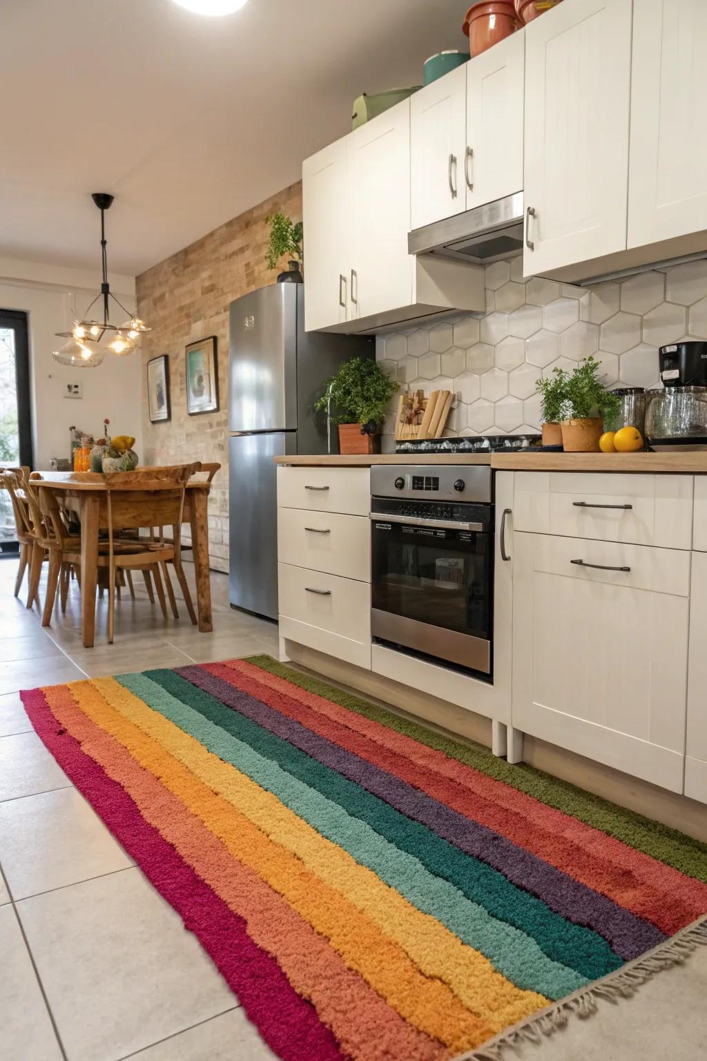 An unexpected color splash in your carpet can bring joy and personality to your kitchen.