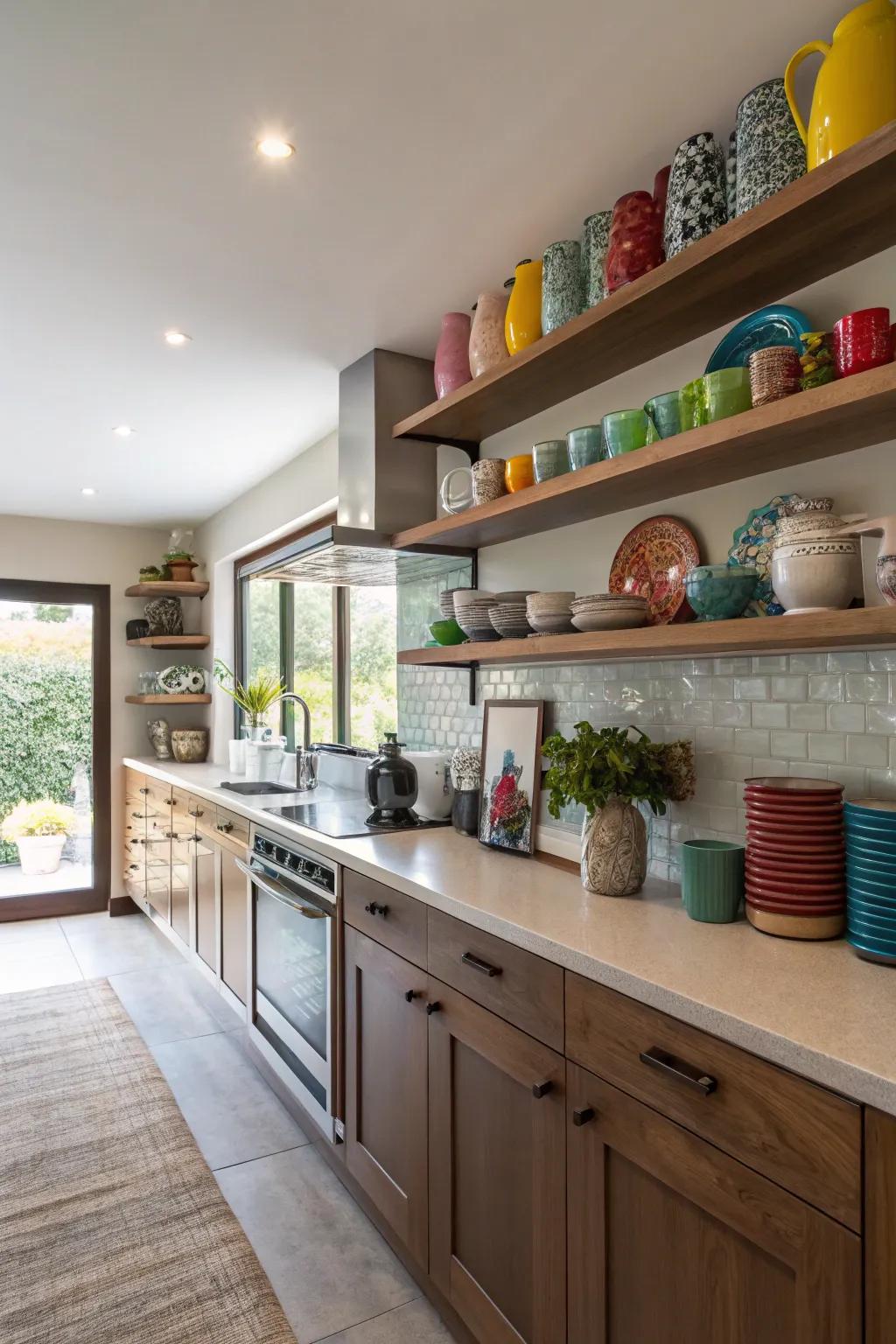 Decorative kitchen elements are displayed on a long open shelf that replaces the soffit.