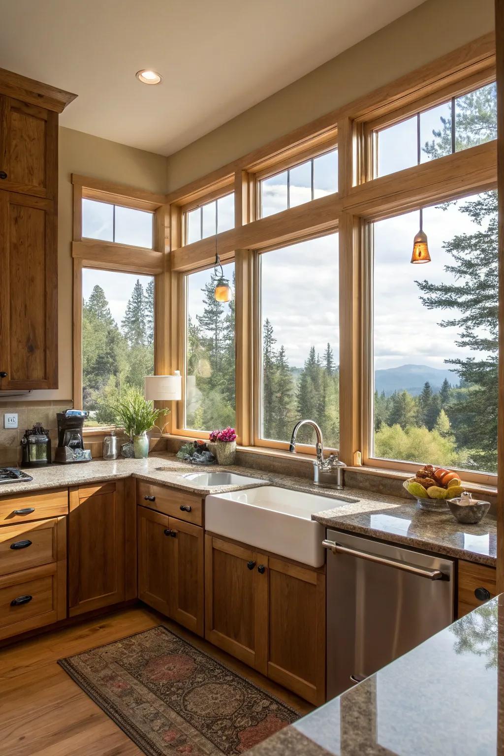 A bright kitchen with angled windows providing dual views.
