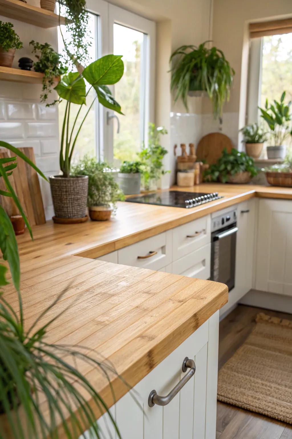 Bamboo worktops blend eco-consciousness with an appealing aesthetic.