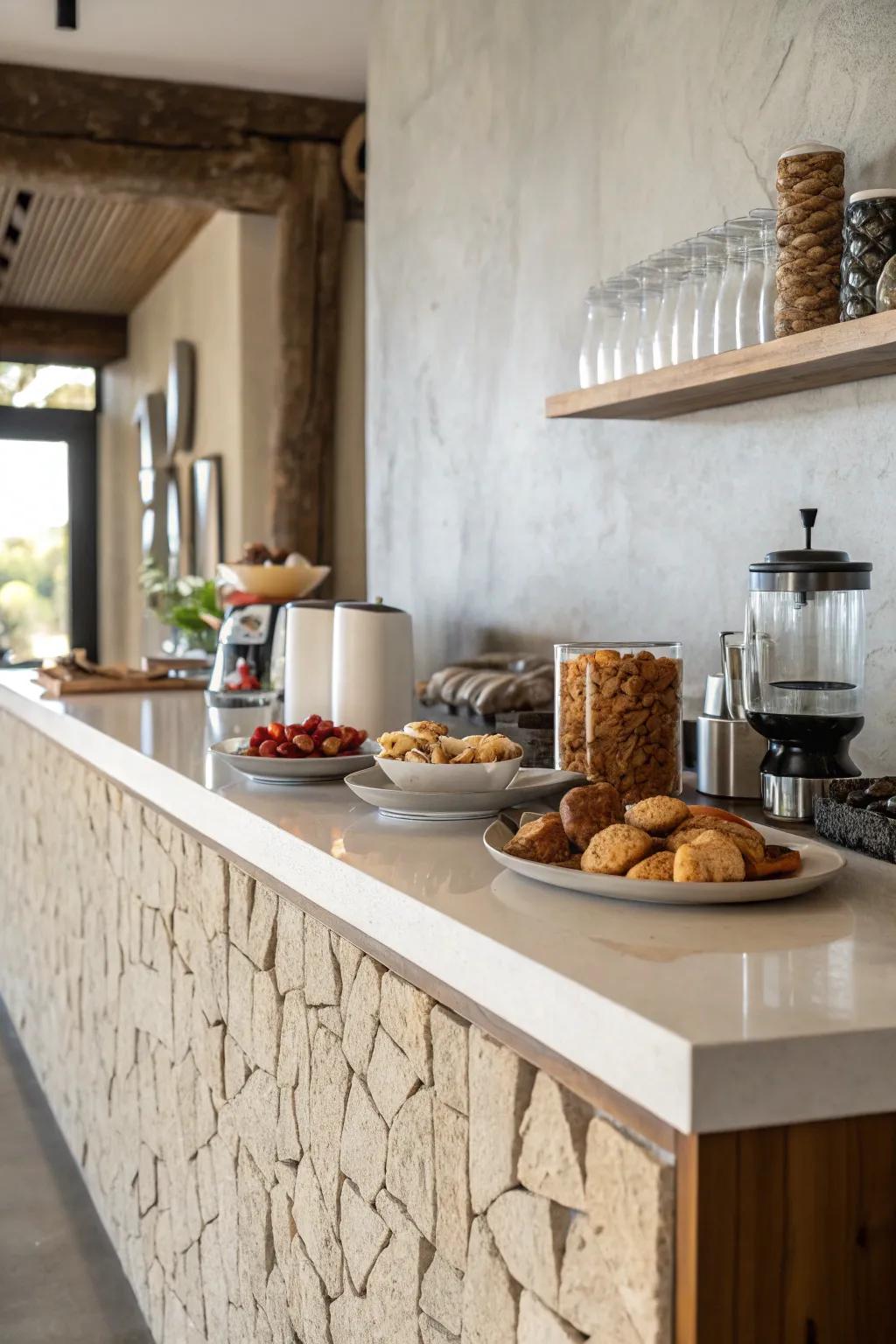 Contrasting textures emphasize a breakfast bar with a polished surface and textured wall.