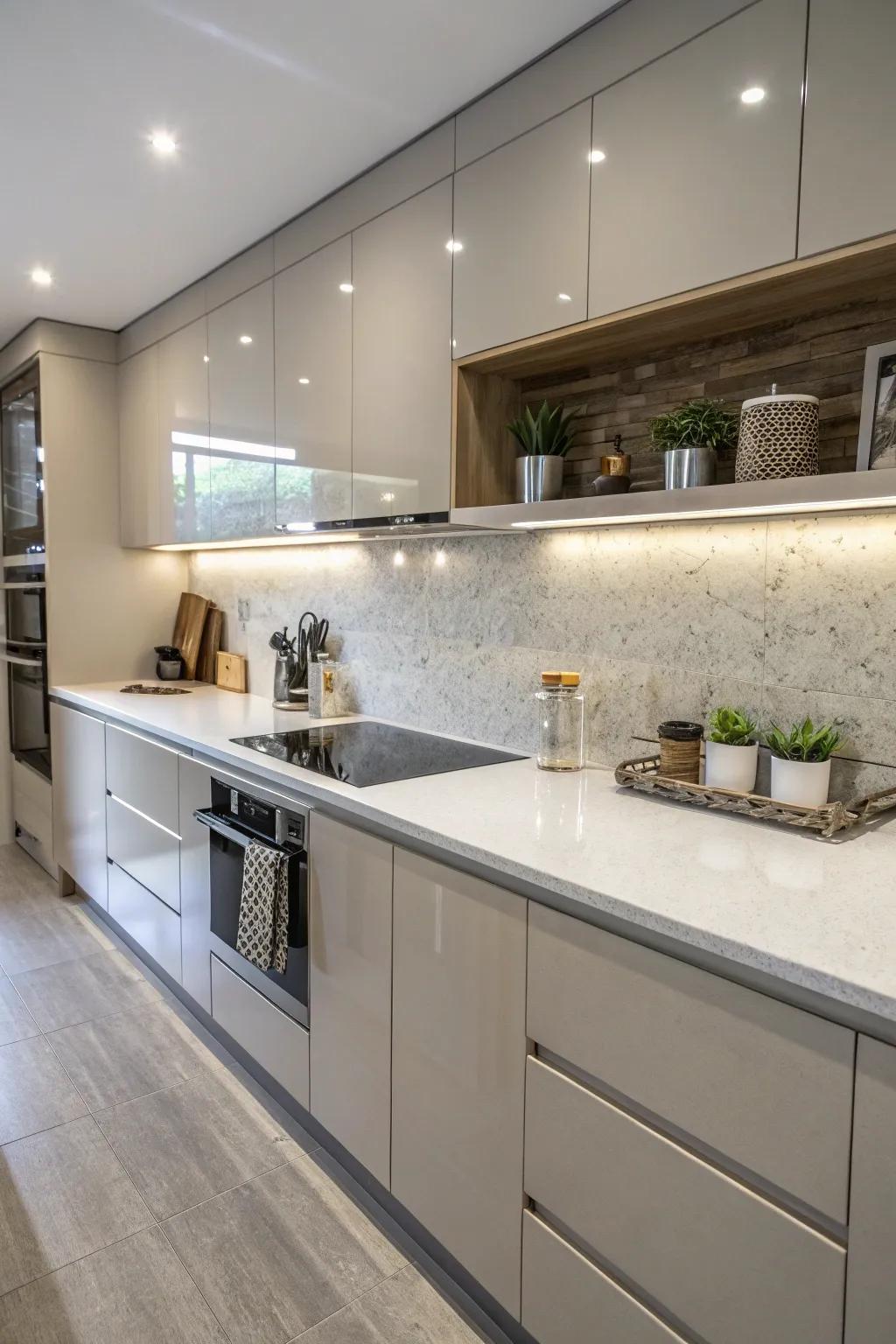 Uninterrupted integration of quartz worktops and backsplash.