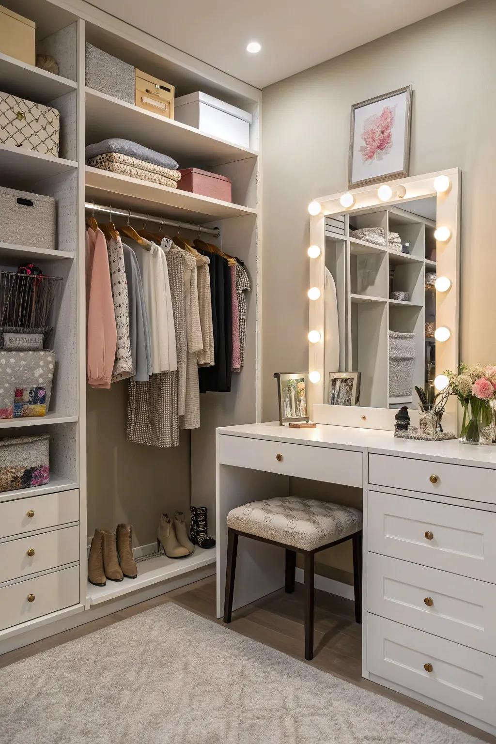 A dressing table adds functionality and charm to your closet.