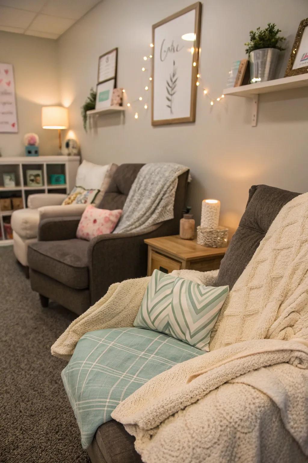 Cozy cushions and blankets adding personal touches and comfort.