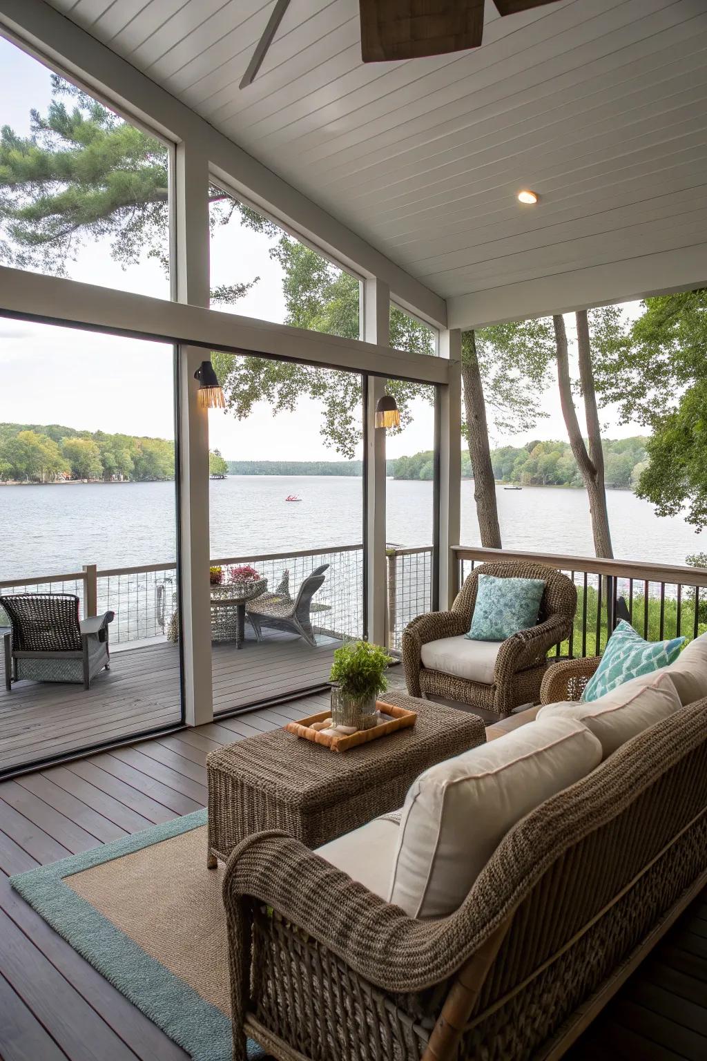 A screened-in veranda providing an insect-free outdoor experience.