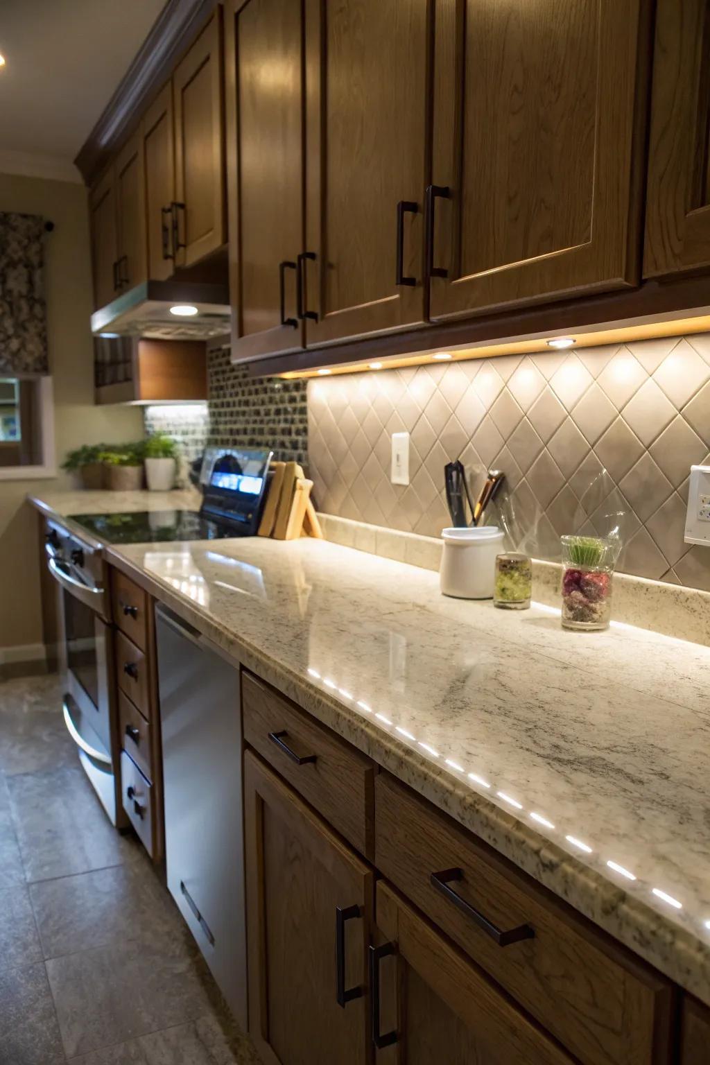 Planned lighting enhances the beauty of composite worktops.