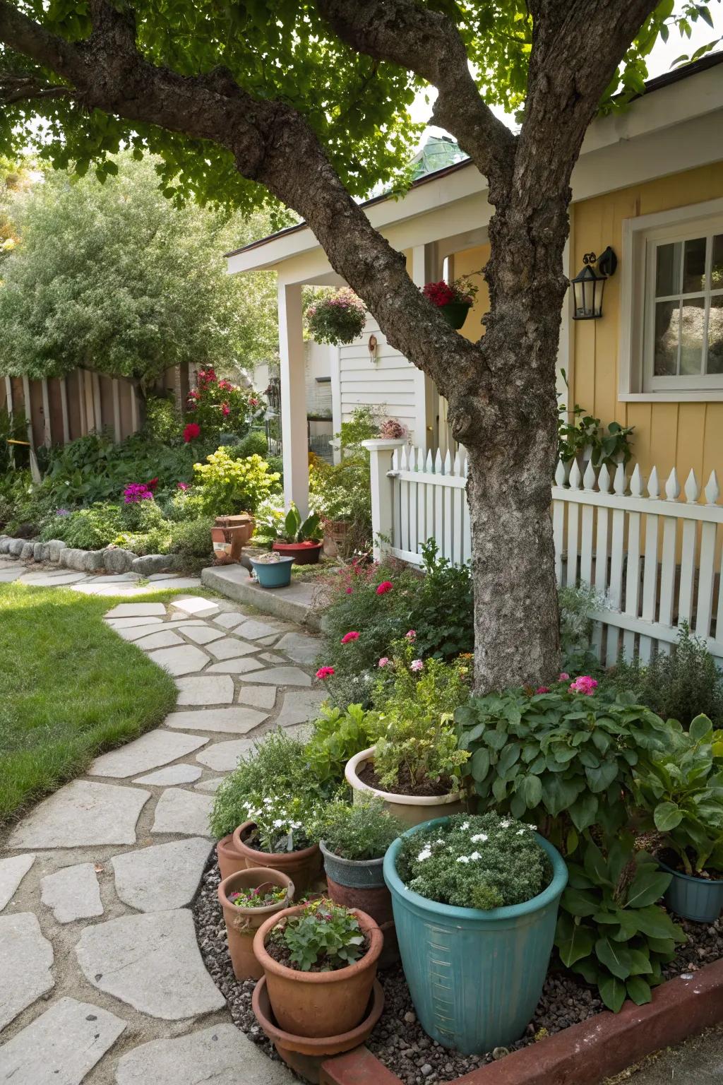 A tree surrounded by colorful pot gardens, offering seasonal flexibility.