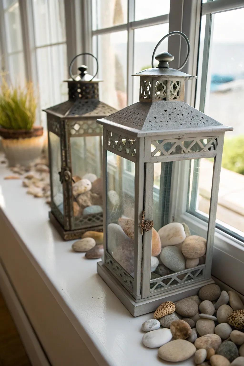 Luminaries filled with natural components invite the outdoors inside.