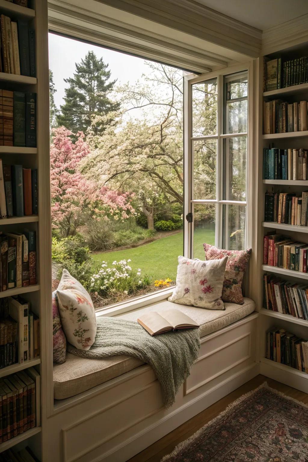 A window seat framed by bookshelves presents a cozy spot to unwind and read extensively.