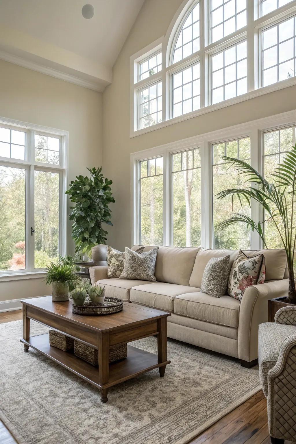 A harmonious neutral palette that accentuates the vistas through large windows.