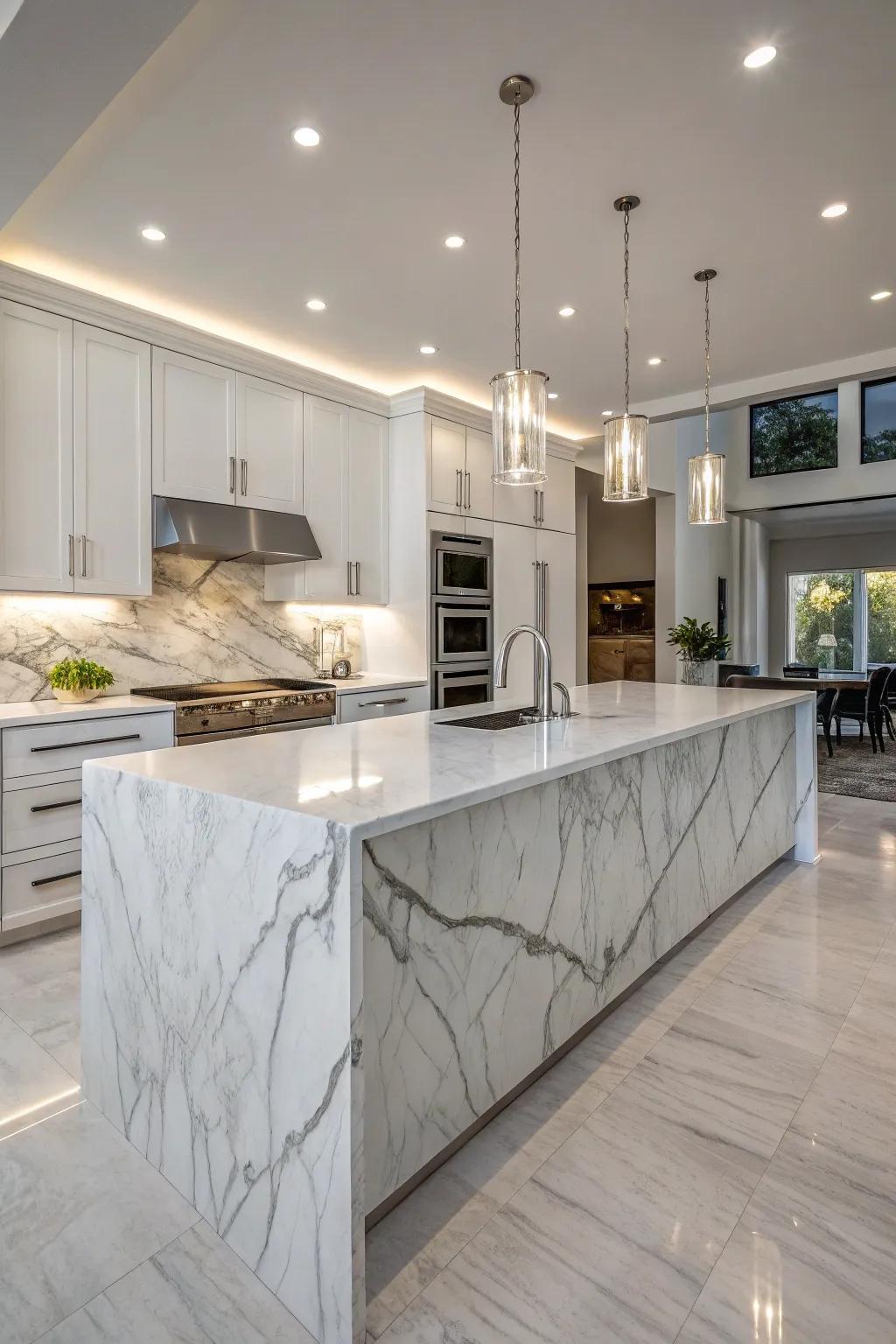 A modern kitchen featuring luxurious waterfall countertops.
