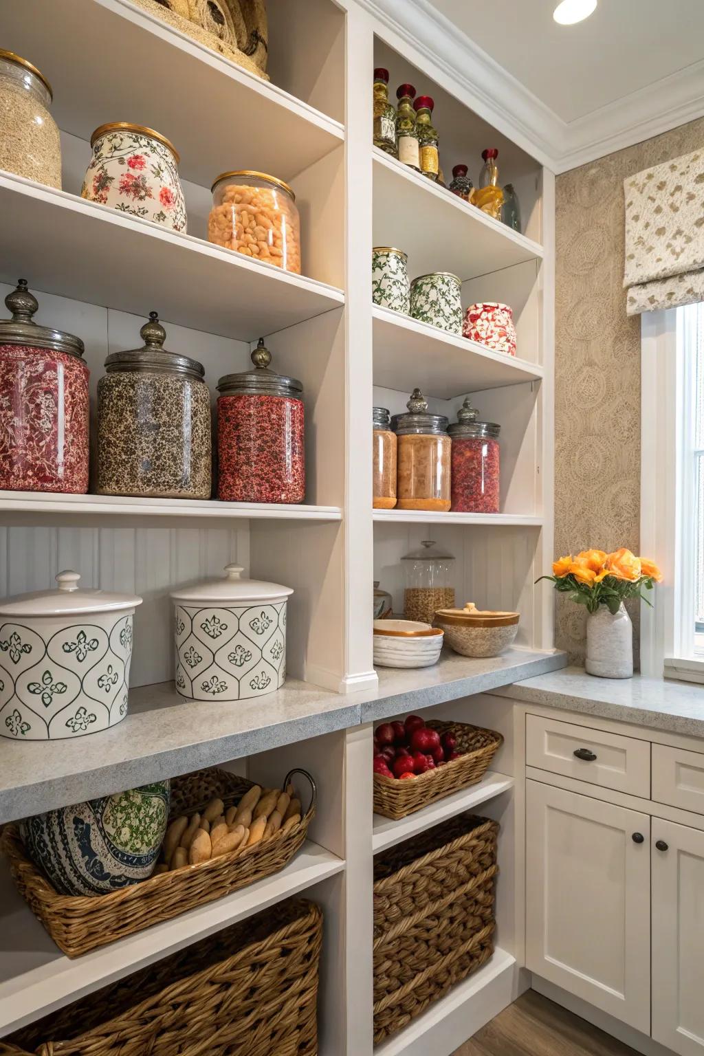 Ornamental embellishments personalize and beautify your pantry.