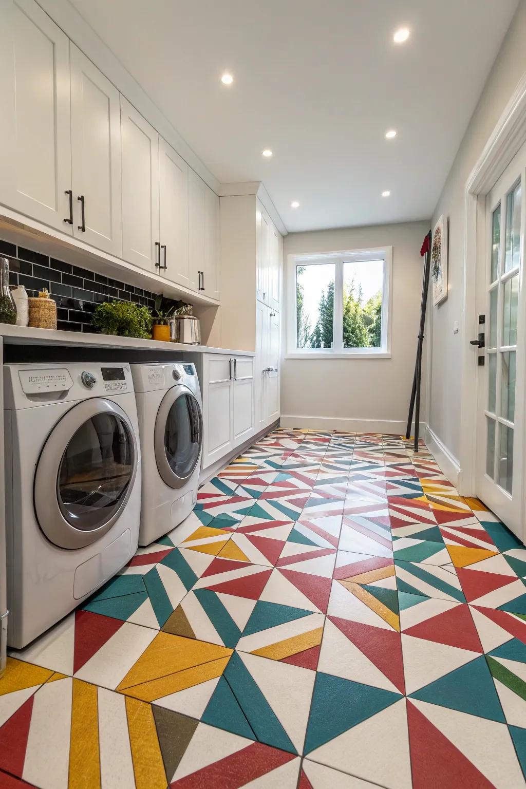 The laundry room gains a dramatic touch with striking flooring.