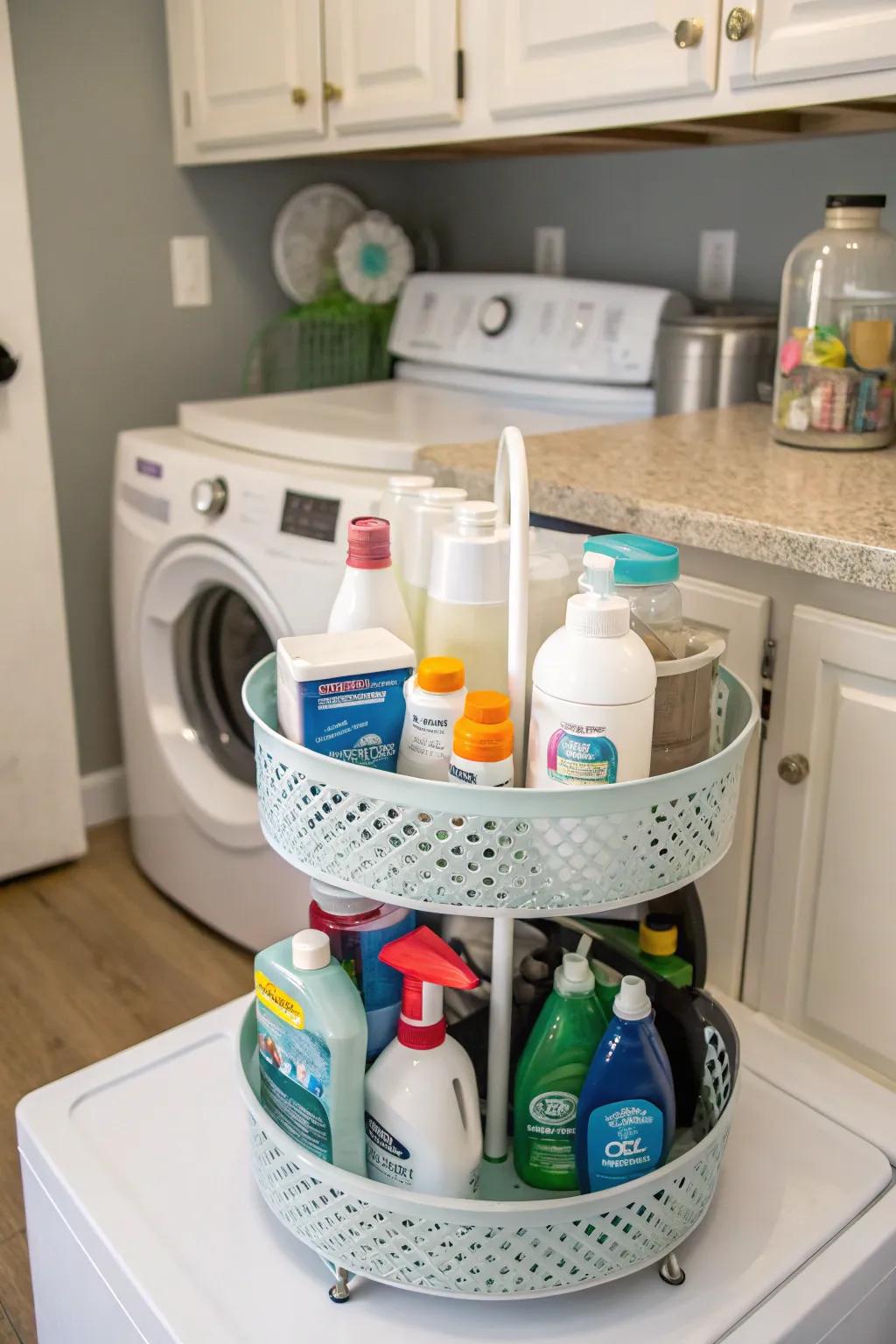 A well-organized laundry room showcasing a spinning organizer stocked with detergents.