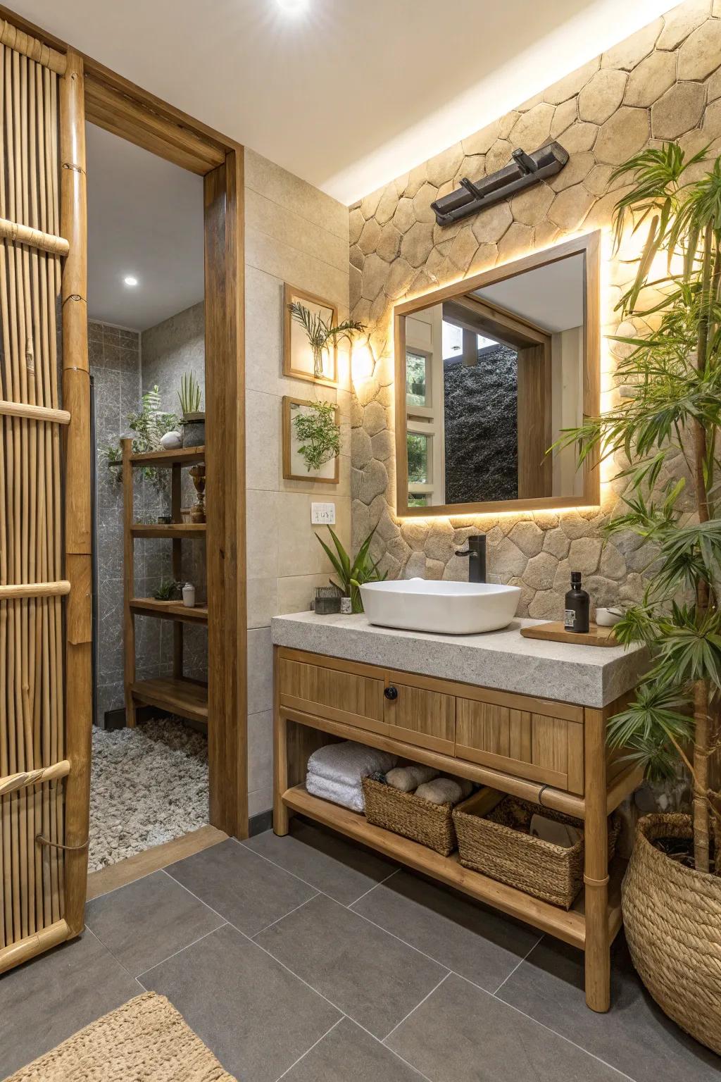 An eco-friendly bathroom featuring an illuminated mirror with bamboo accents.