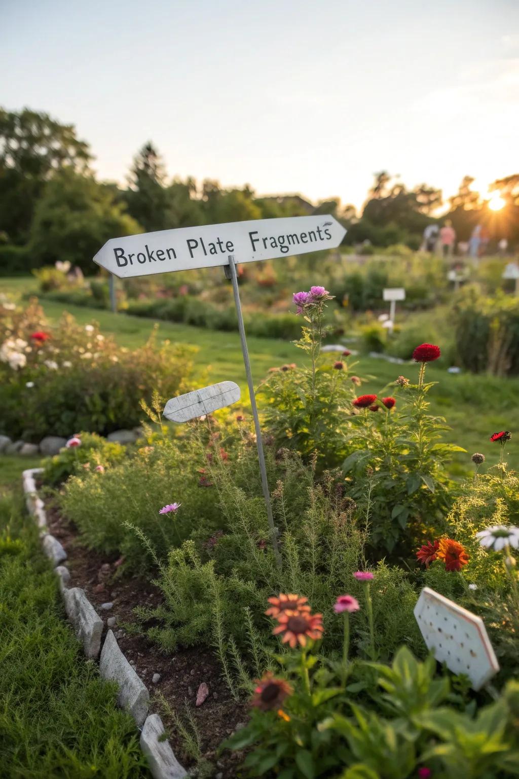 Garden plant markers crafted from plate fragments, symbolizing growth.