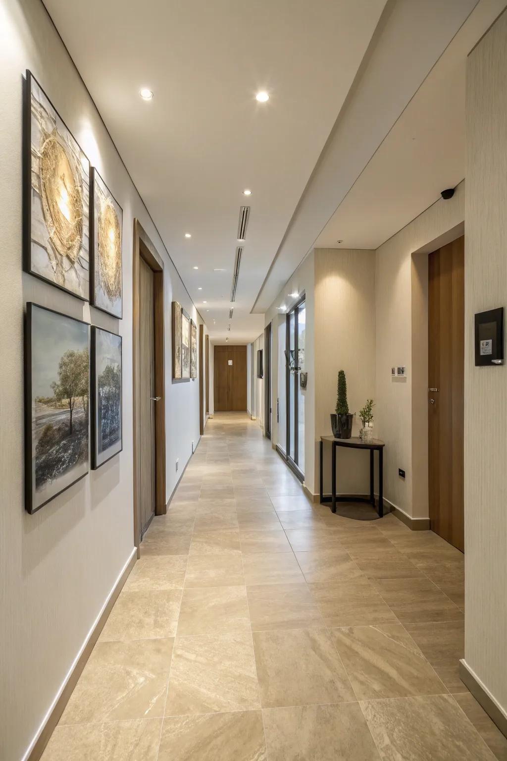 Cream imitation wood flooring adds understated luxury to this contemporary corridor.