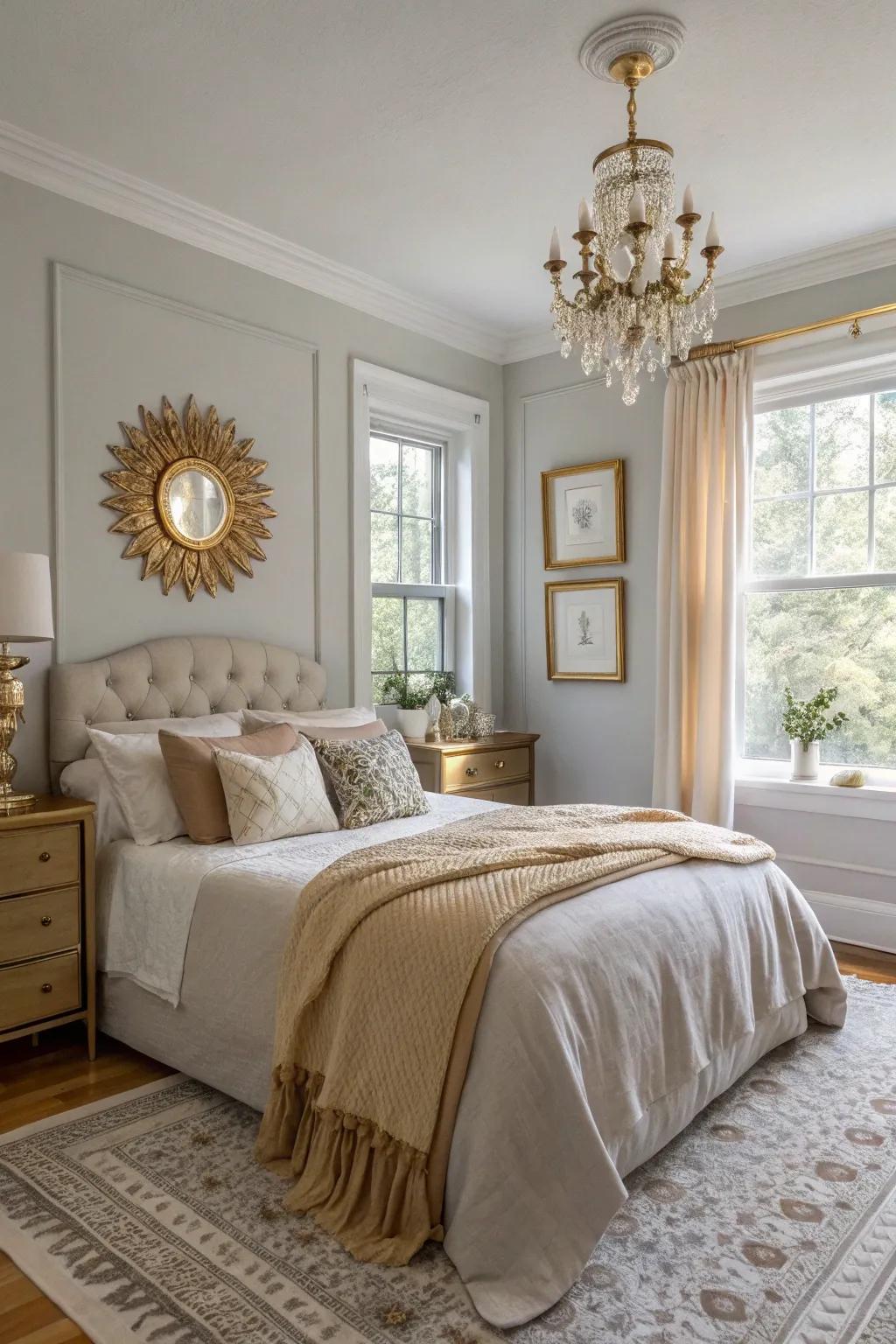 Gold accents add warmth to a pale grey sleeping space.