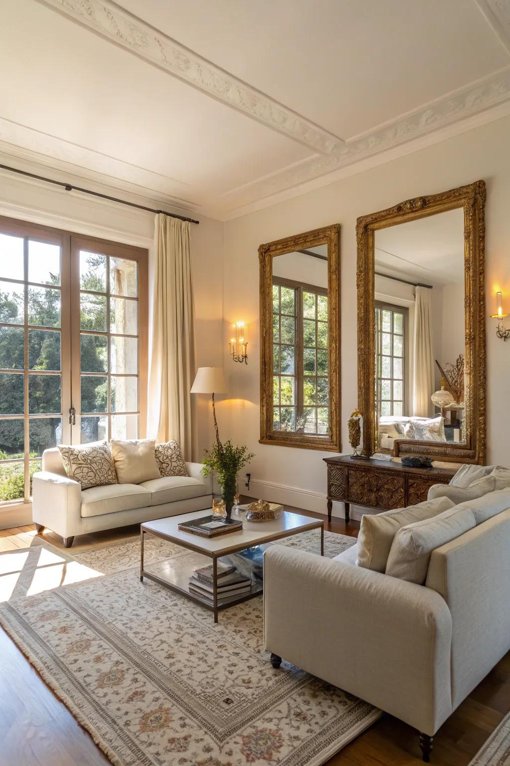 Thoughtfully placed mirrors boost the impact of natural light.