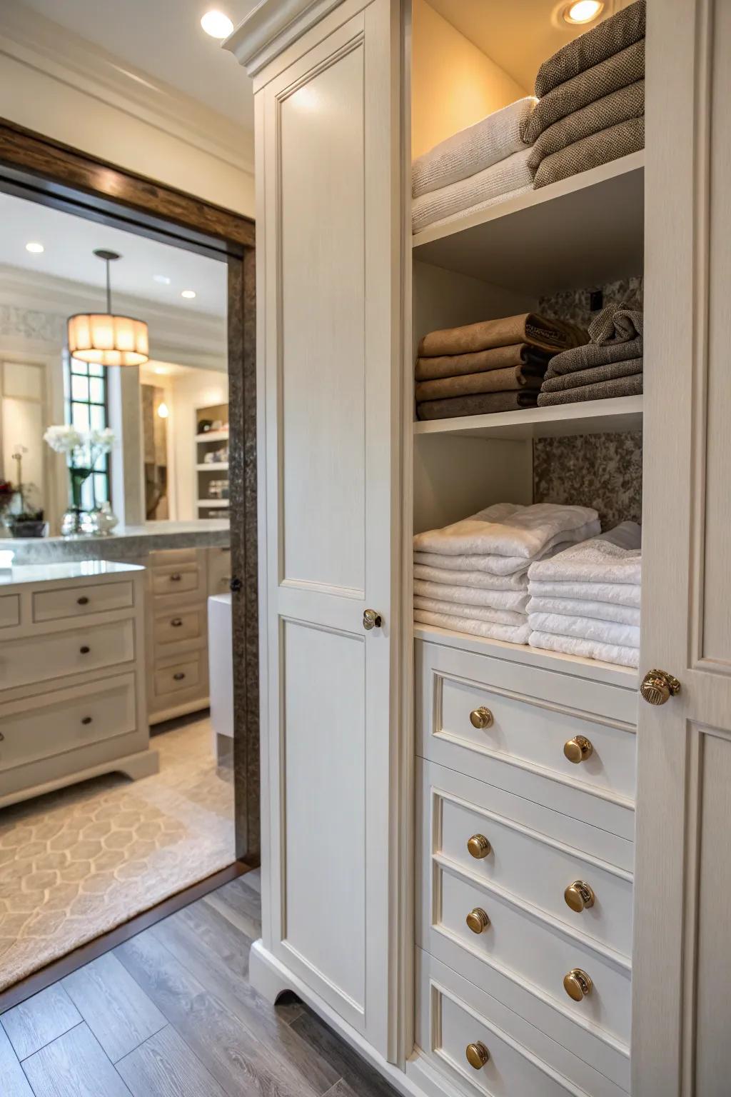 Ornamental ornaments and grips impart personal flair to a linen closet.