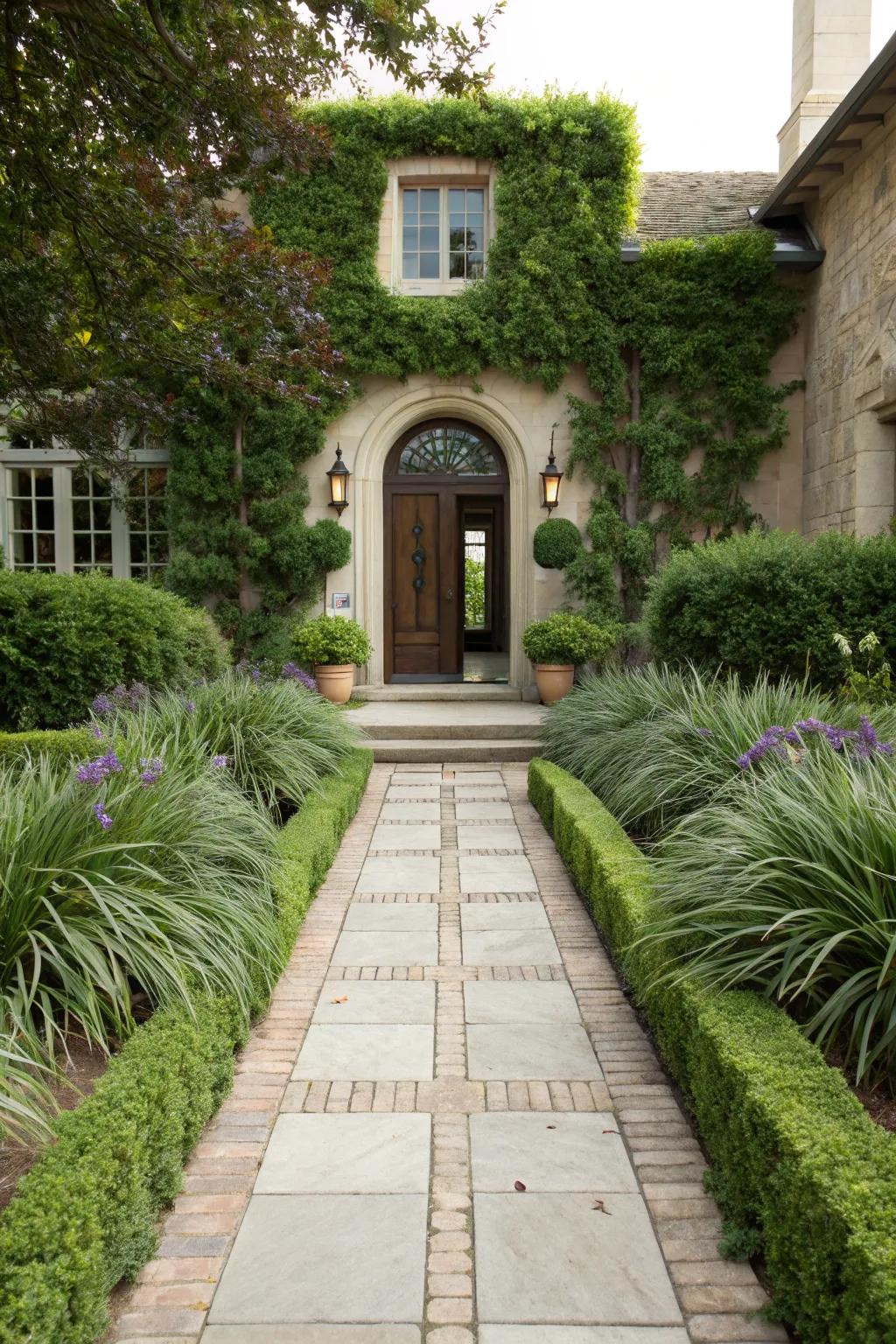 A home entrance beautifully bordered with 'fountaingrass', welcoming visitors with its charm.